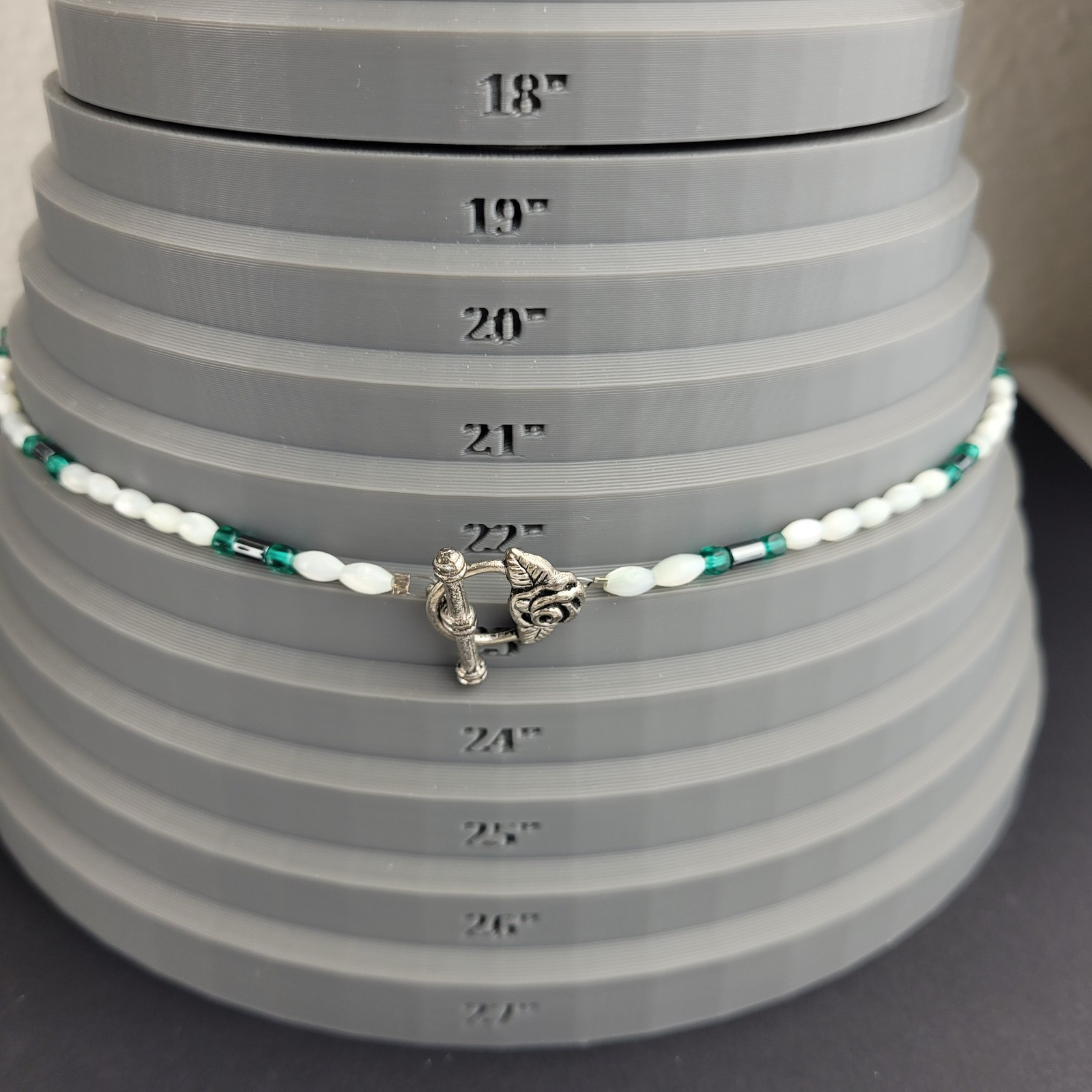 Mother Of Pearl Rice Bead Necklace With Green And Gray Bead Accents 22″