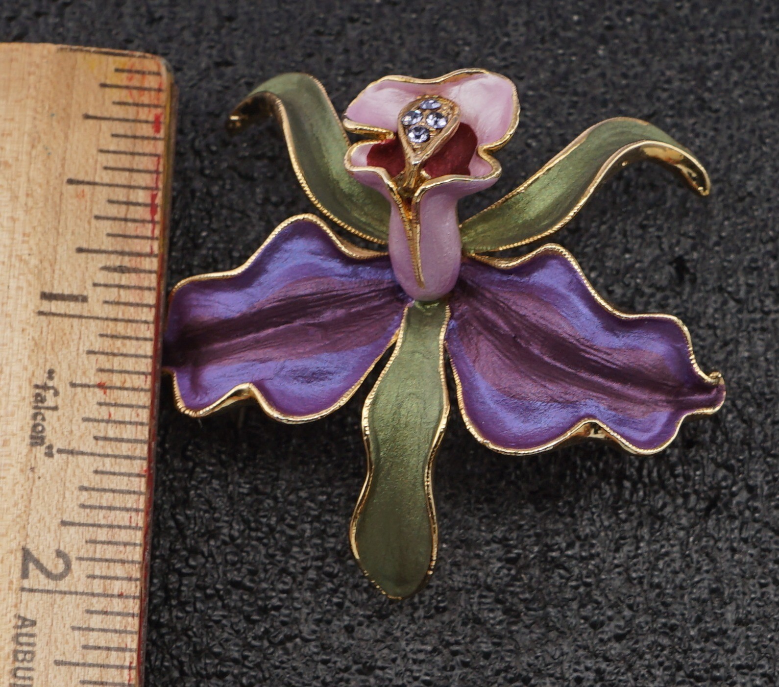 Vintage Gold Tone Enamel Leaf Purple Orchid Floral Brooch