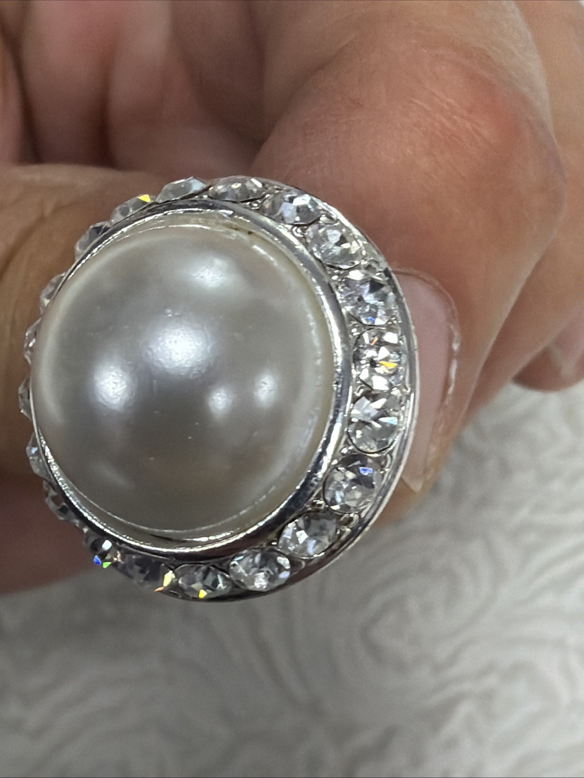 Vintage Large Dome Faux-Pearl Cabochon Encircled by a Halo of Clear Rhinestones