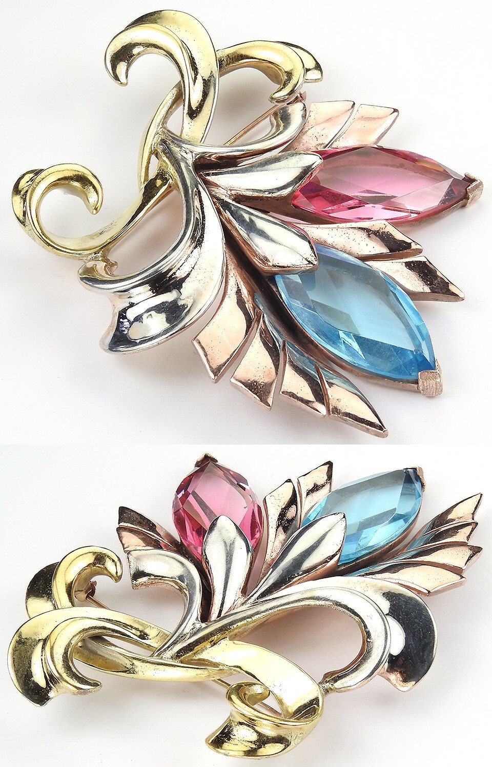 MB Boucher 3 Colour Gold Lozenge Cut Blue & Pink Topaz 2 Flower Spray Pin