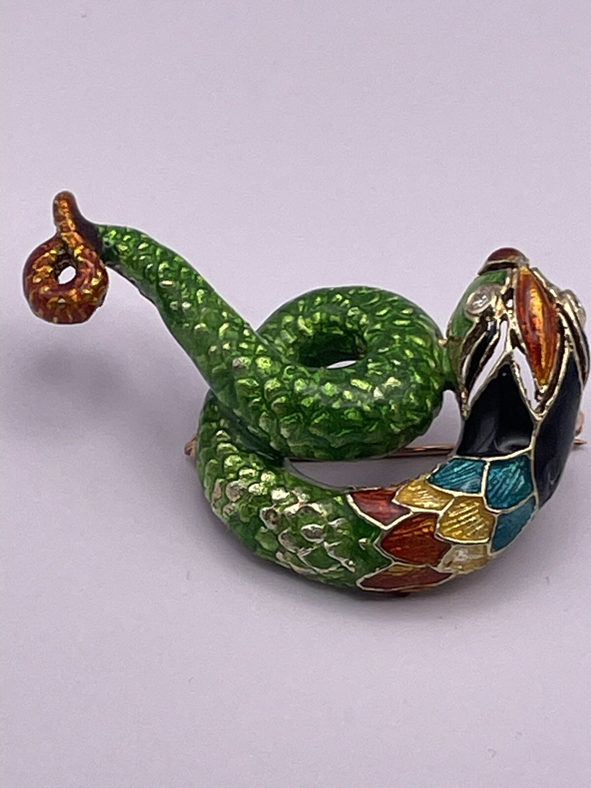 Vintage 14k Solid Gold Enameled Snake Brooch-pendant,Natural Diamond Eyes,21.4g