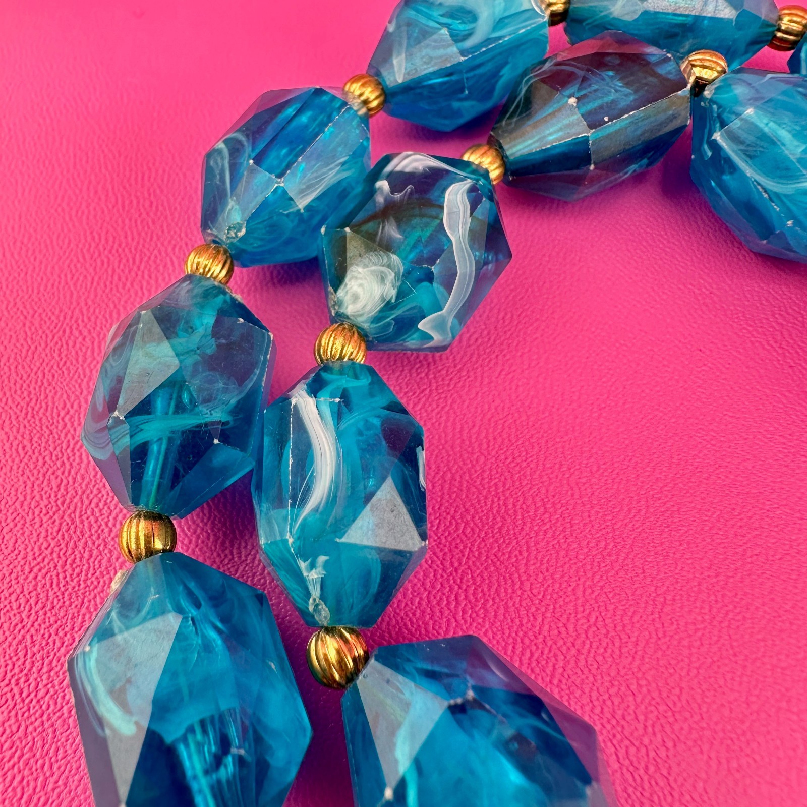 Vintage Necklace Aqua Blue Marbled Acrylic 2 Strand Filigree Clasp Faceted Bead