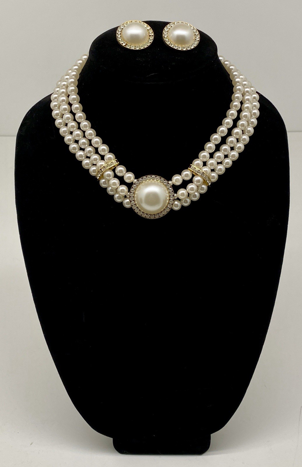 Vintage Lot of 2, Black, White Multi Strand Faux Pear Necklaces & Earrings Sets
