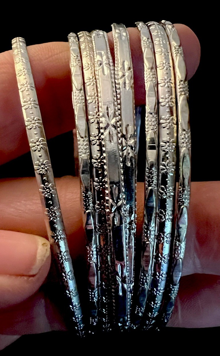 8 Vintage, Silvertone, Bangle Bracelets, Different Designs 6” #48