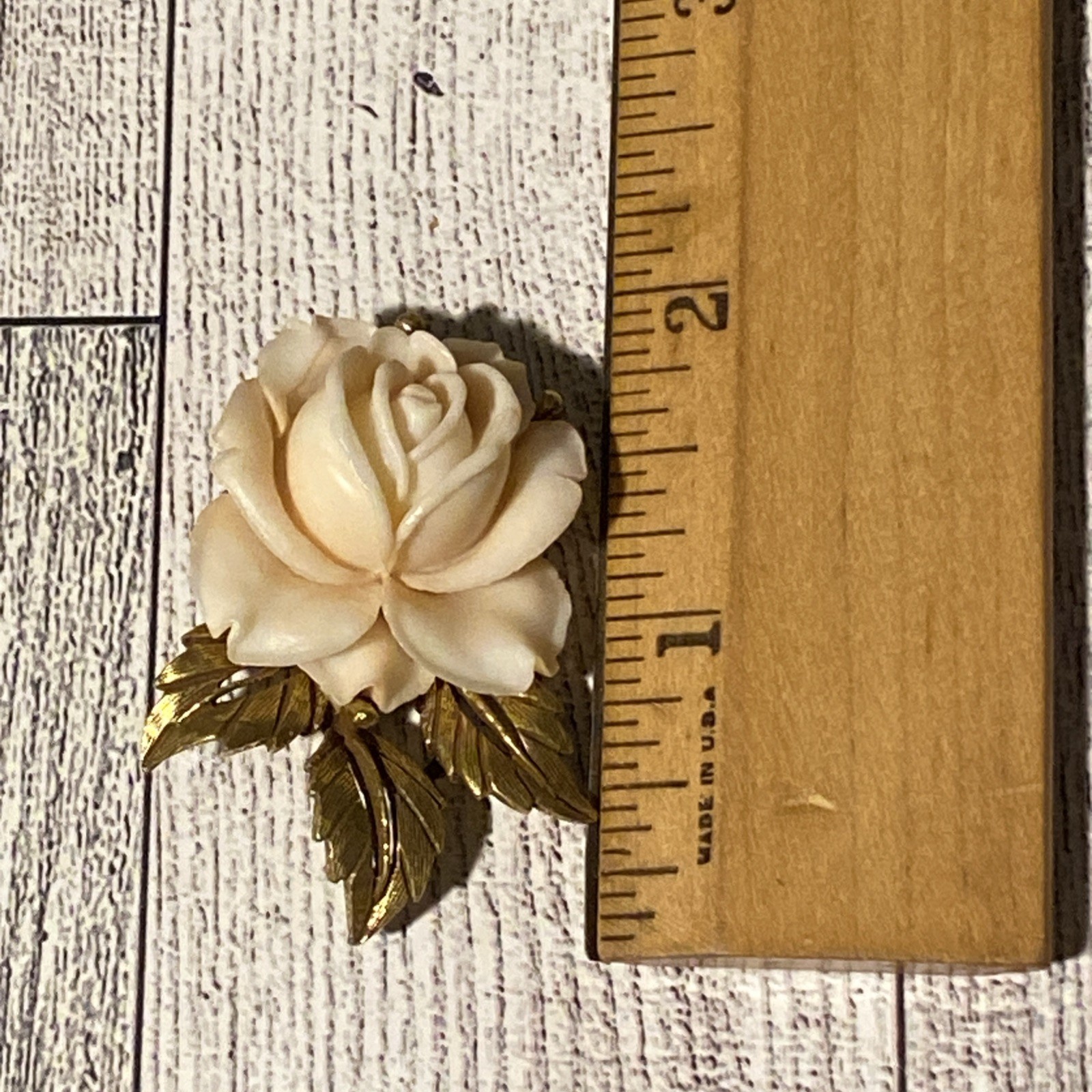 Vintage 1-7/8” CARVED RESIN ROSE Flower Brooch plus Pendant & Ring Lot