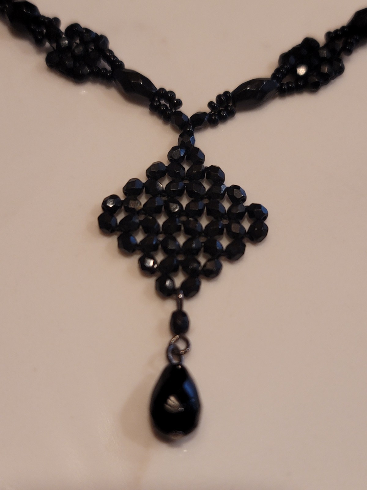 Vintage Black Faceted Bead Necklace Teardrop Pendant Gothic Formal 18″