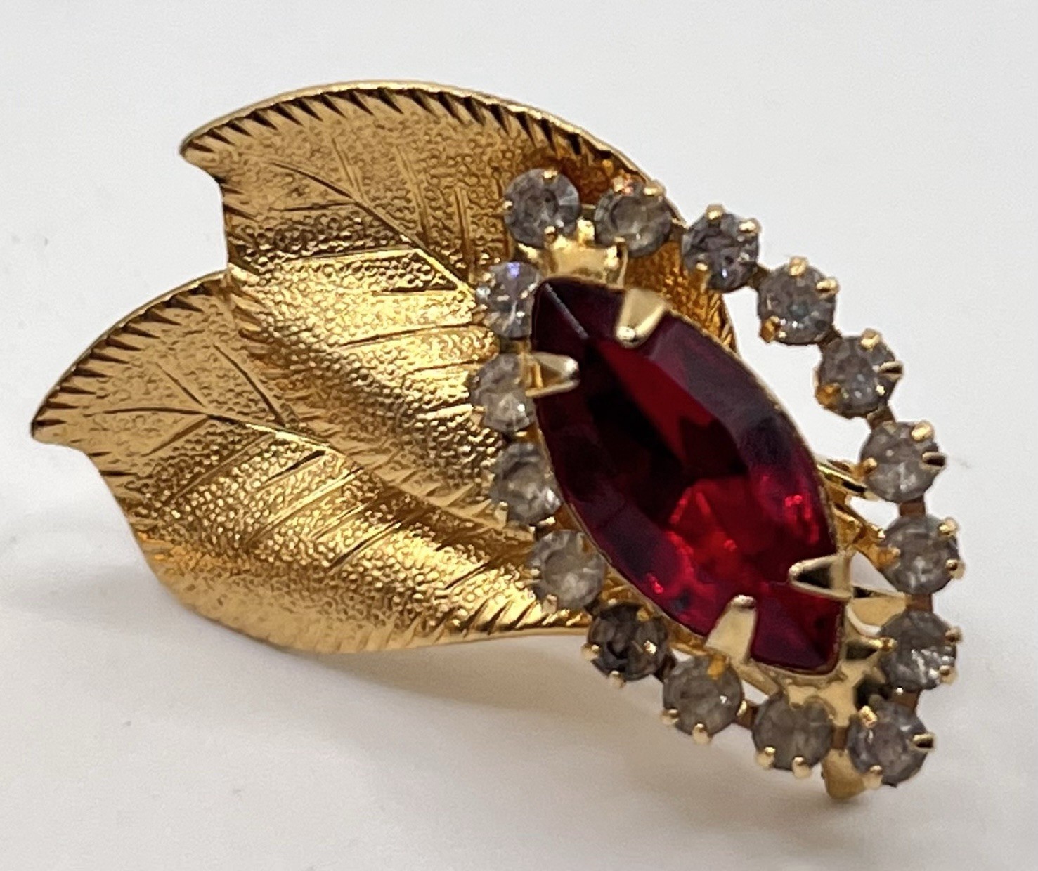 Vintage Rhinestone Clip On Earrings Gold Tone Leaf Vibrant Red And Clear Stones