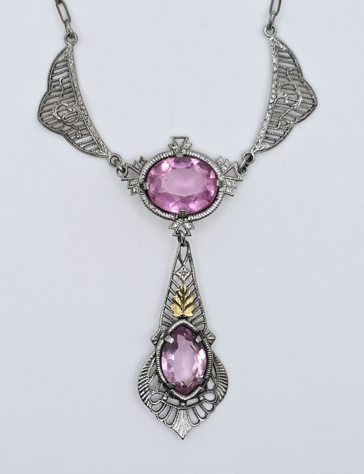 Antique Art Deco Lavalier Pendant Necklace Pink Glass Filigree Edwardian