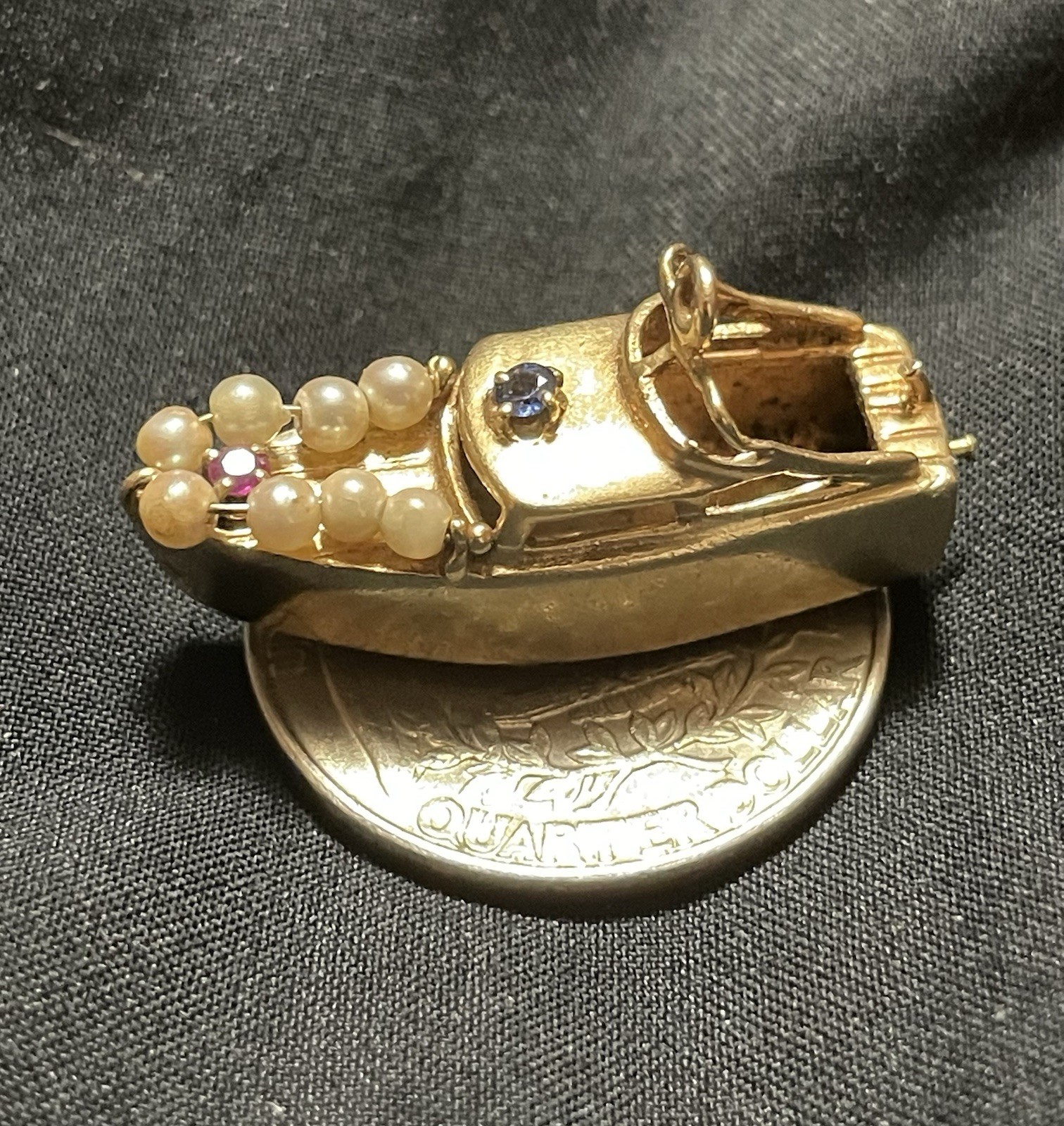 1955 Antique 14k Solid Yellow Gold Boat Charm Pendant Ruby Sapphire Pearls RARE