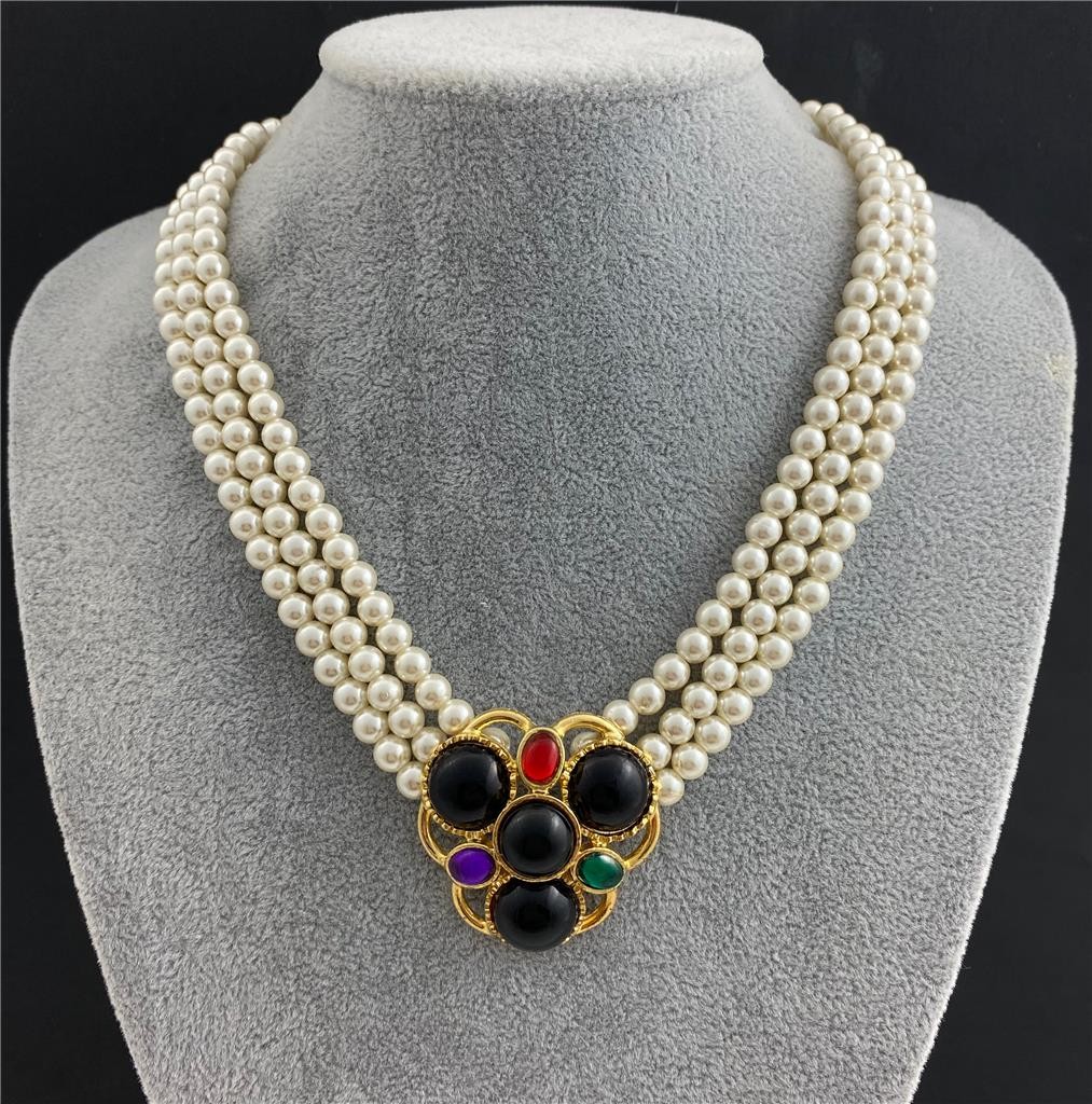 Triple Strand 6MM Pearl Necklace with Multicolor Cabochons Gold T. Center 17.5″L