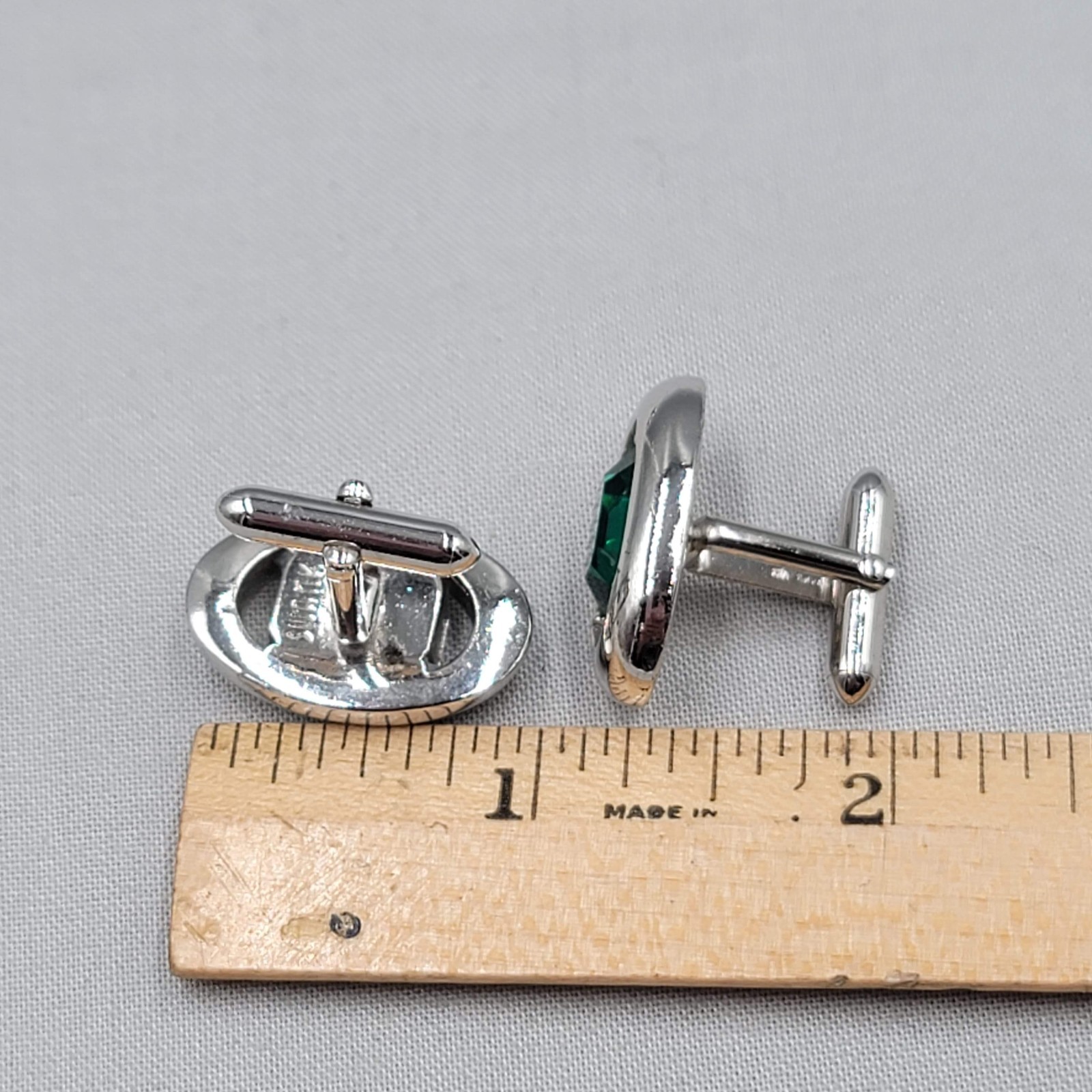Vintage Swank Mens Cufflinks Green Rhinestone Silver tone Oval 1″