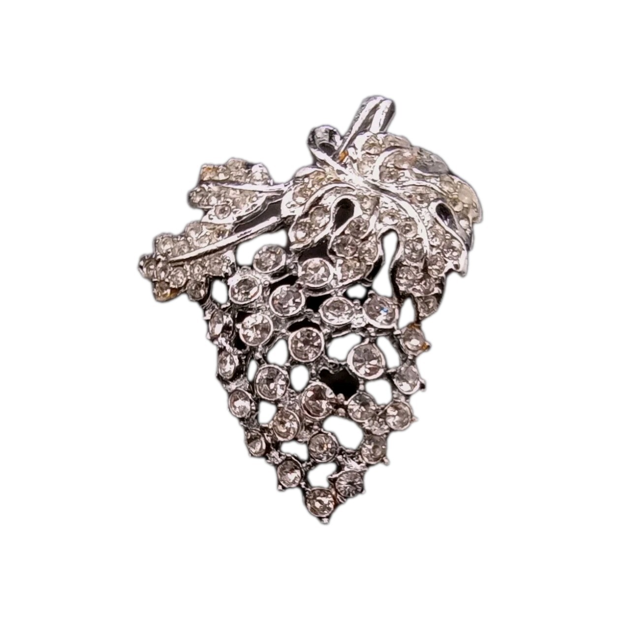 Vintage Rhinestone Grape Cluster Brooch Silver Tone Pin 2 by 1 1/2 in