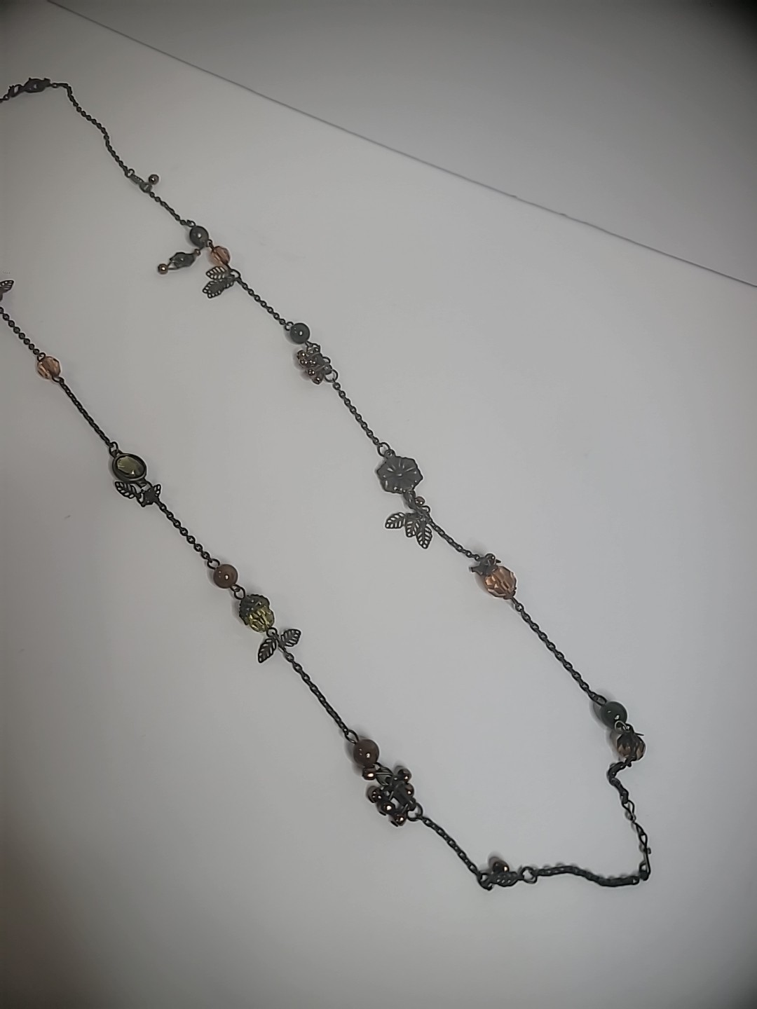 Vintage Bronze Tone Necklace Flowers Beads Leaves Flapper Jewelry Costume