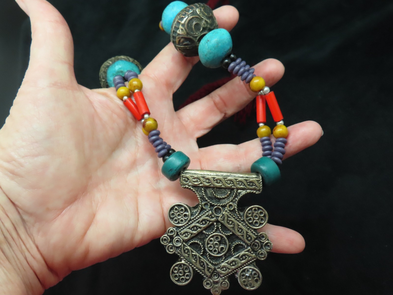 Vintage 1980’s Berber Cross Multi Bead Necklace WAY Interesting