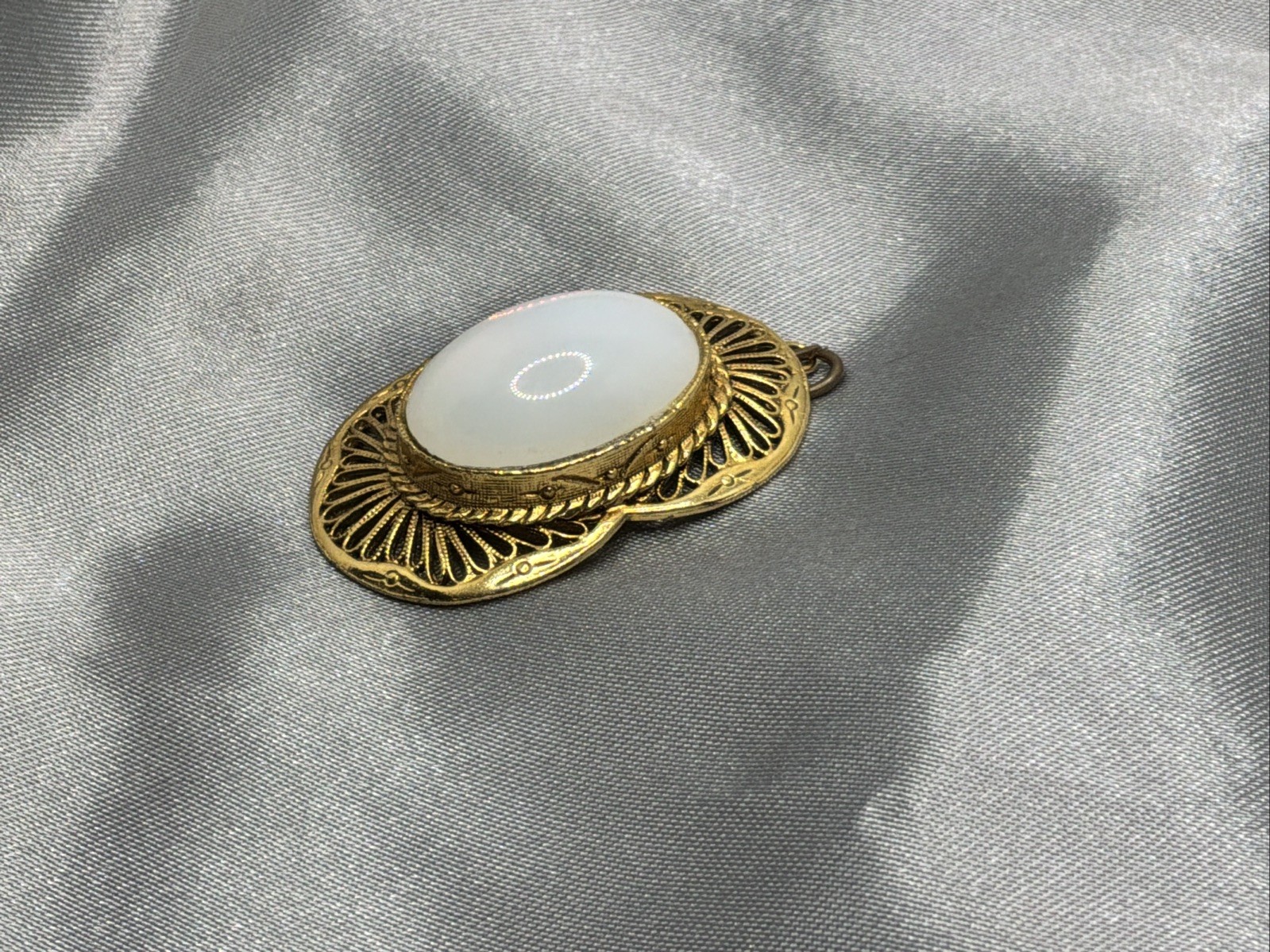 Vintage TACOA Pendant Opalescent Cabochon Stone Gold Tone Filigree Signed READ!