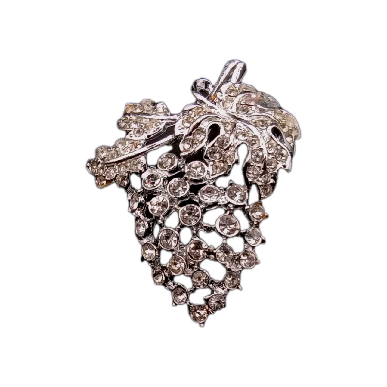 Vintage Rhinestone Grape Cluster Brooch Silver Tone Pin 2 by 1 1/2 in