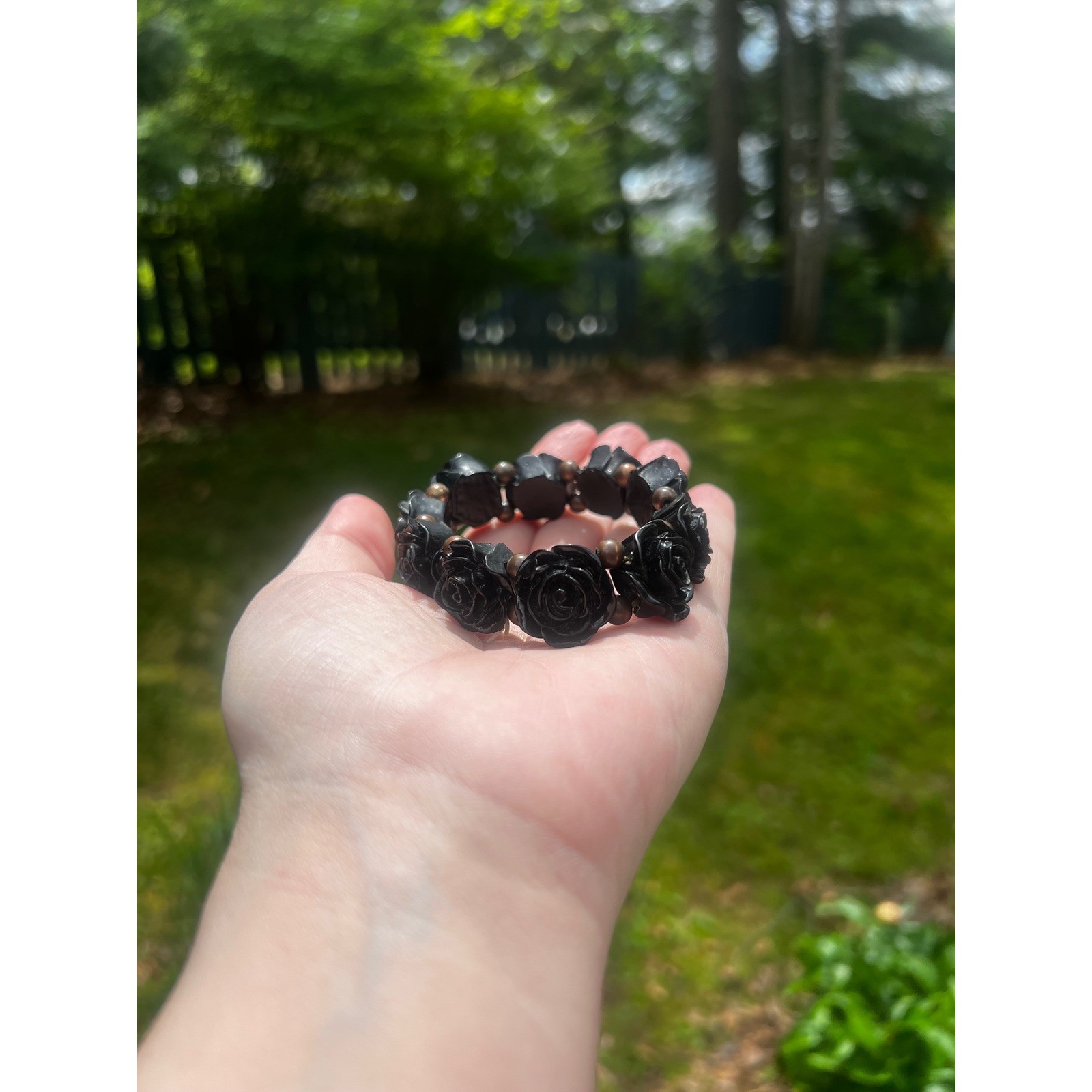 Vtg Goth Black Carved Rose Flower Stretch Bracelet Romantic Whimsigoth Floral
