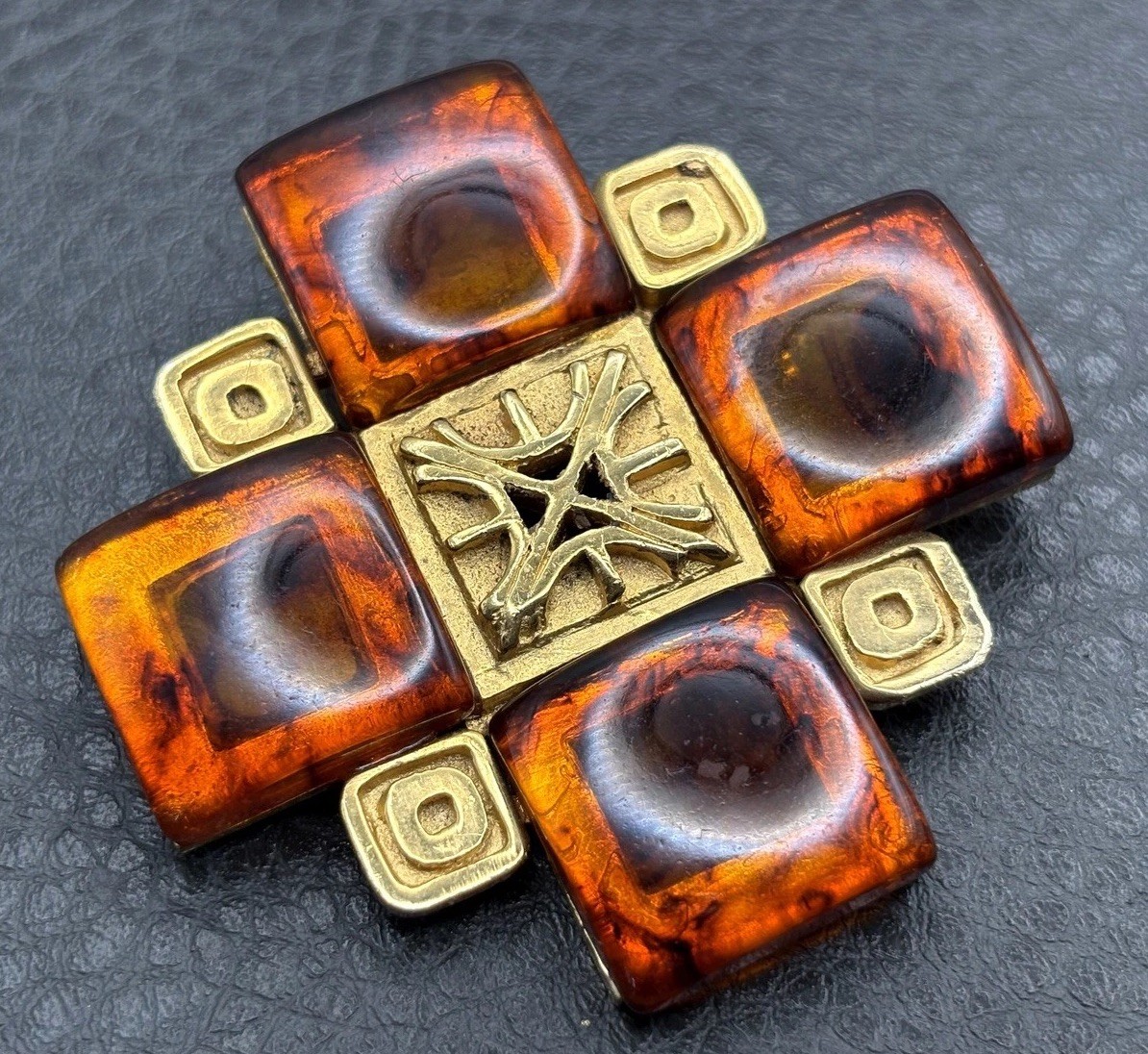 Vintage HUGE 80s Gold Tone Faux Amber Maltese Cross Brooch Pin Statement Piece