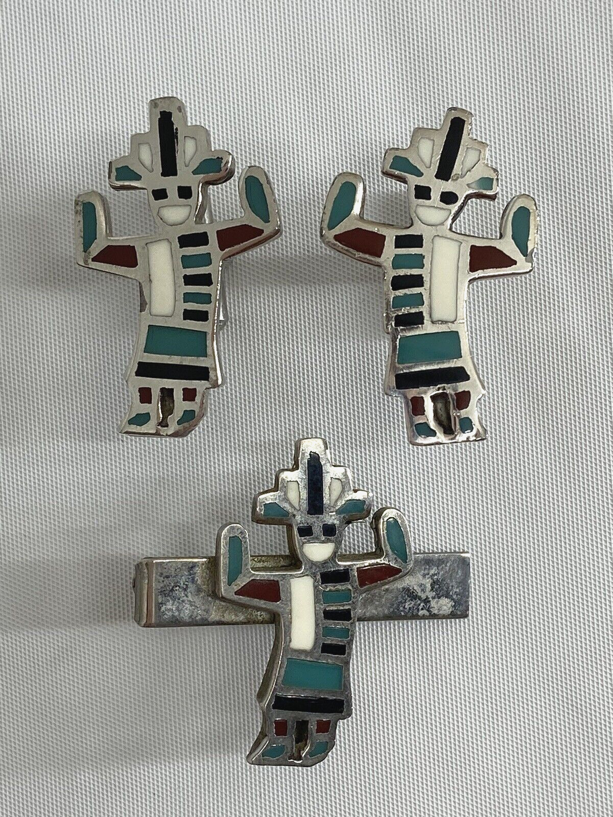 Vintage Zuni Kachina Dancer Cuff Links Tie Clip Inlaid Stones Silver Tone Set