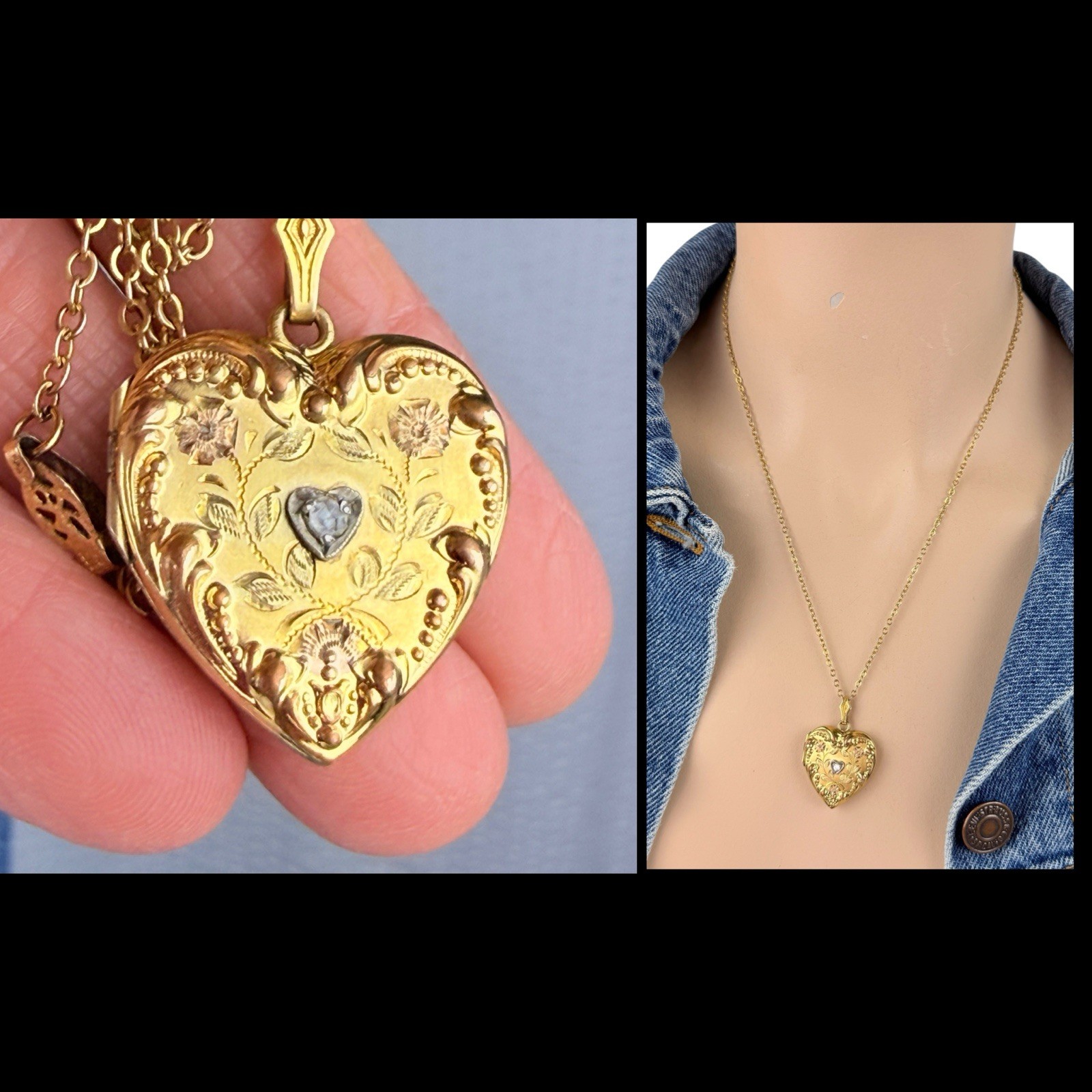Antique Victorian Art Deco Gold Filled Diamond Heart Locket Pendant Necklace