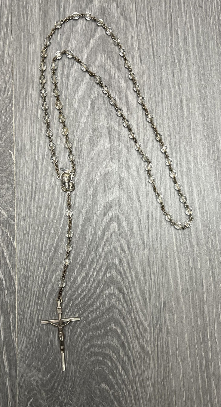 Vintage Catholic Rosary Clear Glass Beads Silver Tone Crucifix Mary Medal
