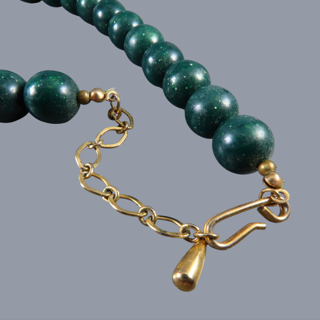 VTG Beaded Necklace EGYPTIAN REVIVAL Dark Green GOLD TONE BIB FRINGE PENDANT