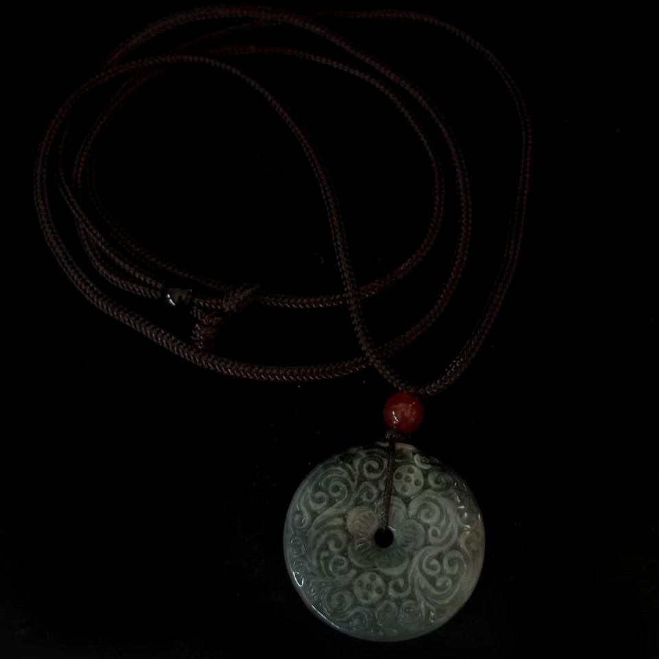 Natural Green Jade Jadeite Embossed Floral Pendant Round, Adjustable Cord
