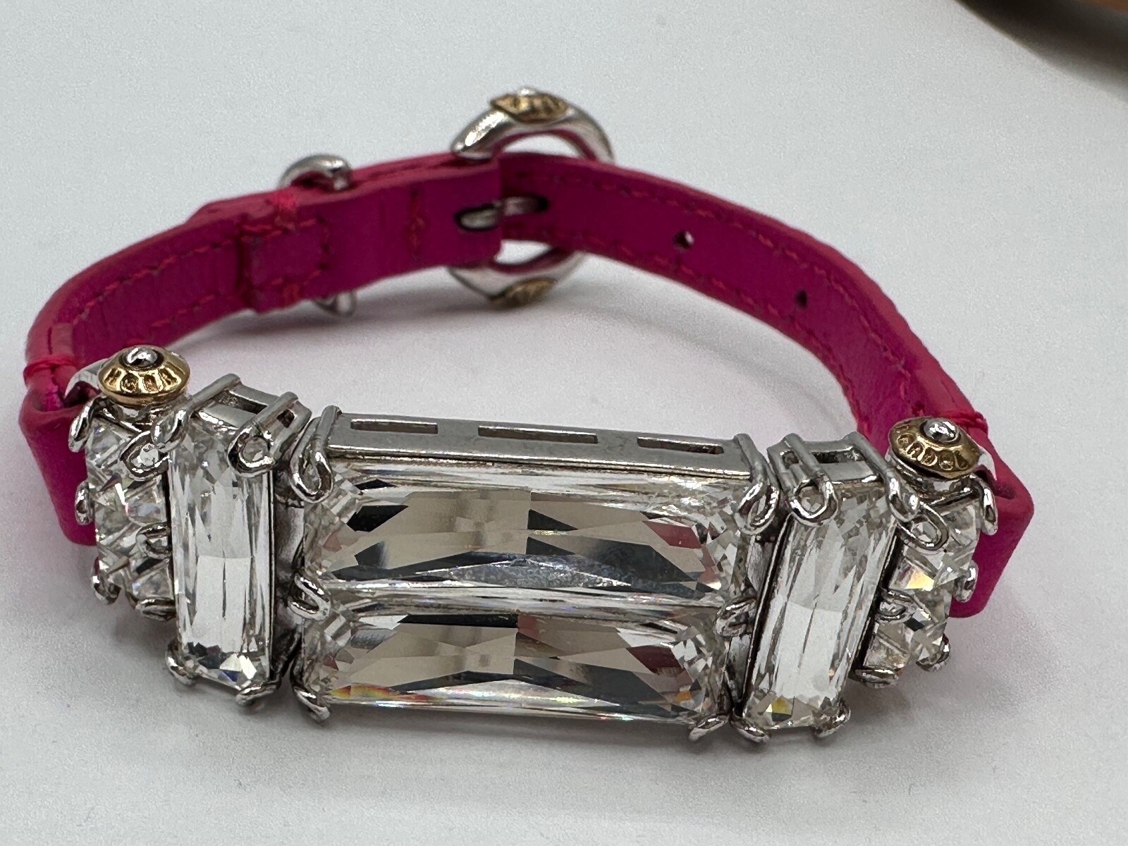 GOLD SILVER PLATED CRYSTAL FUCHSIA PINK SKIN HENRI BENDEL SIGNED BUCKLE BRACELET