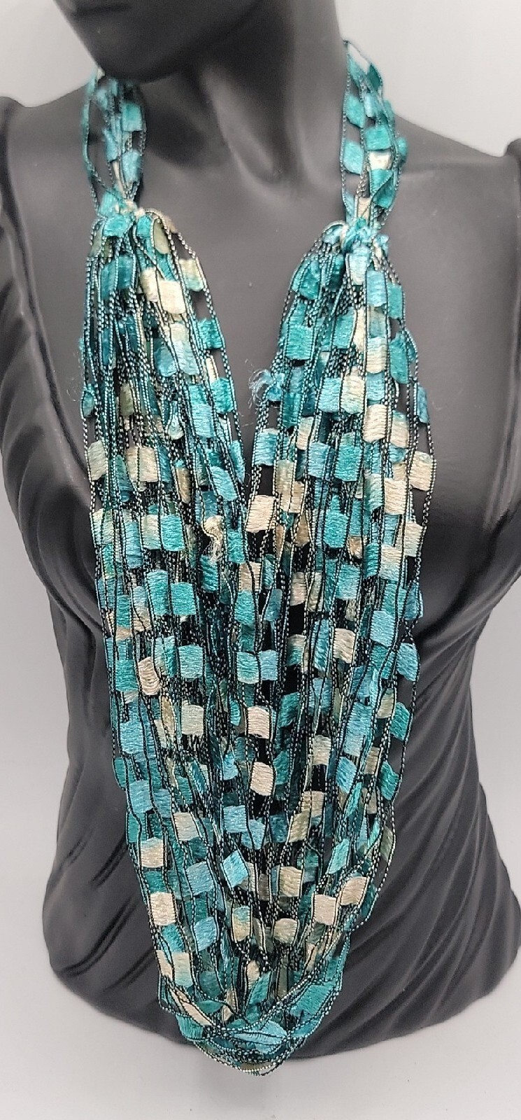 Scarf Ribbon Necklace Turquoise White Block Pattern 24″ Necklace VTG