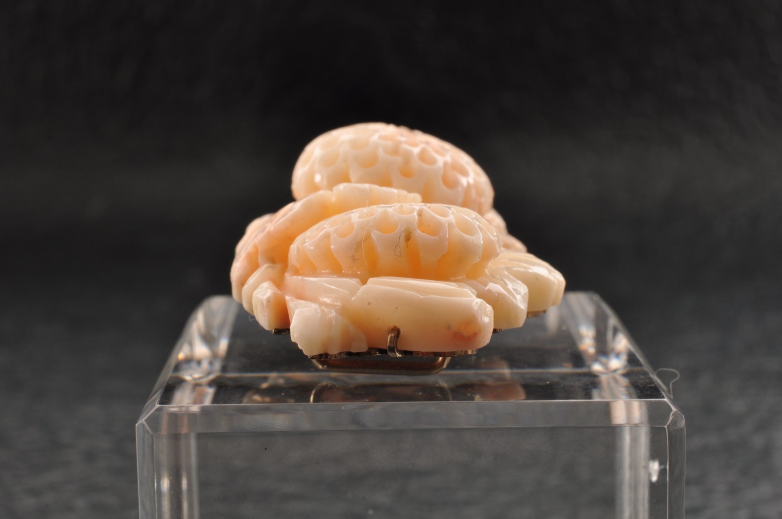 Vintage angel skin coral carved, “Chrysanthemum” and Certificate (total 83.0ct).
