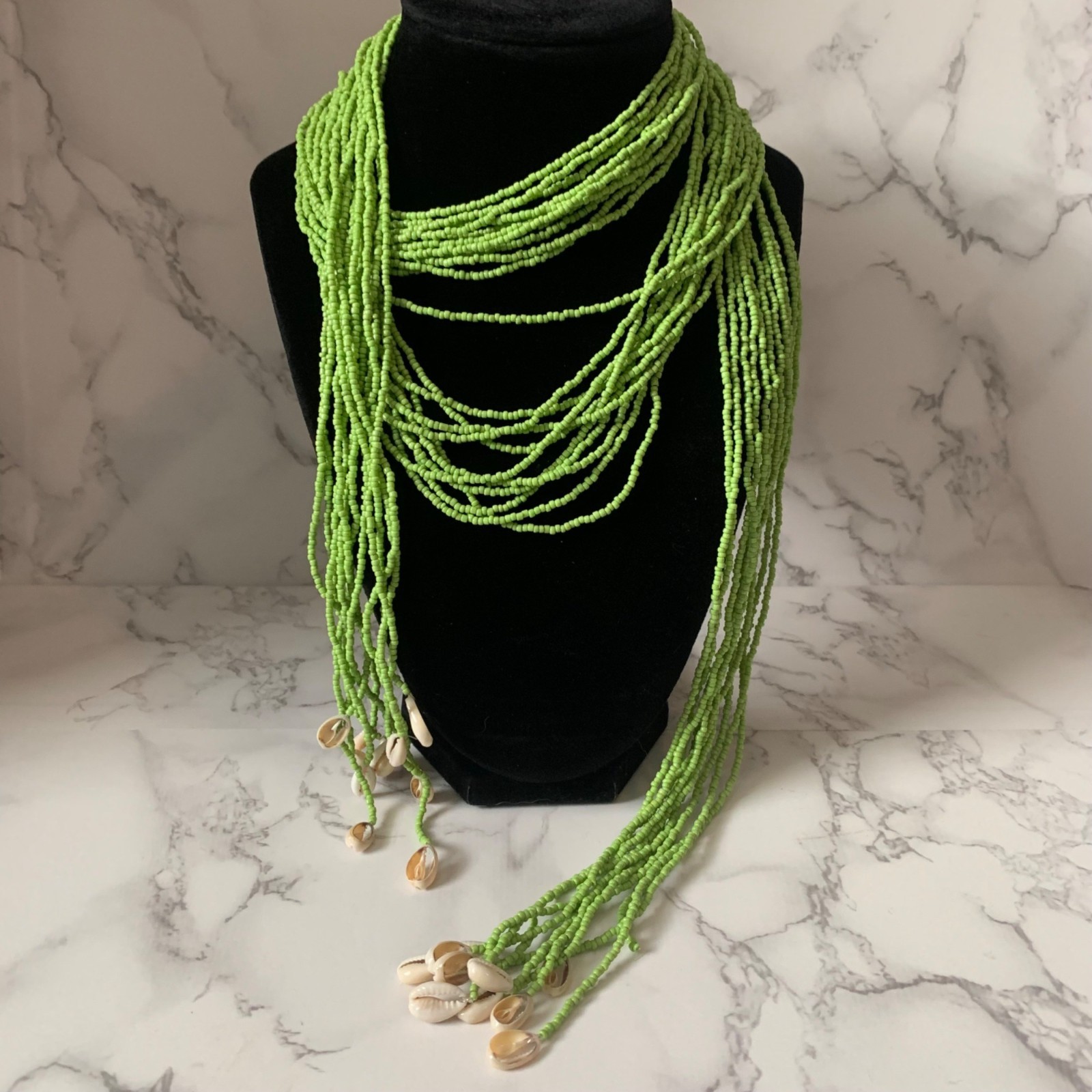 Handmade Wrap Scarf Necklace Multi-Strand Green Glass Beaded Shell Beach 60″ Vtg