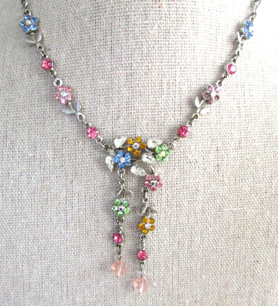 Pastel Crystal Flowers Dangle Drop Collar Necklace 15” Cottagecore Garden
