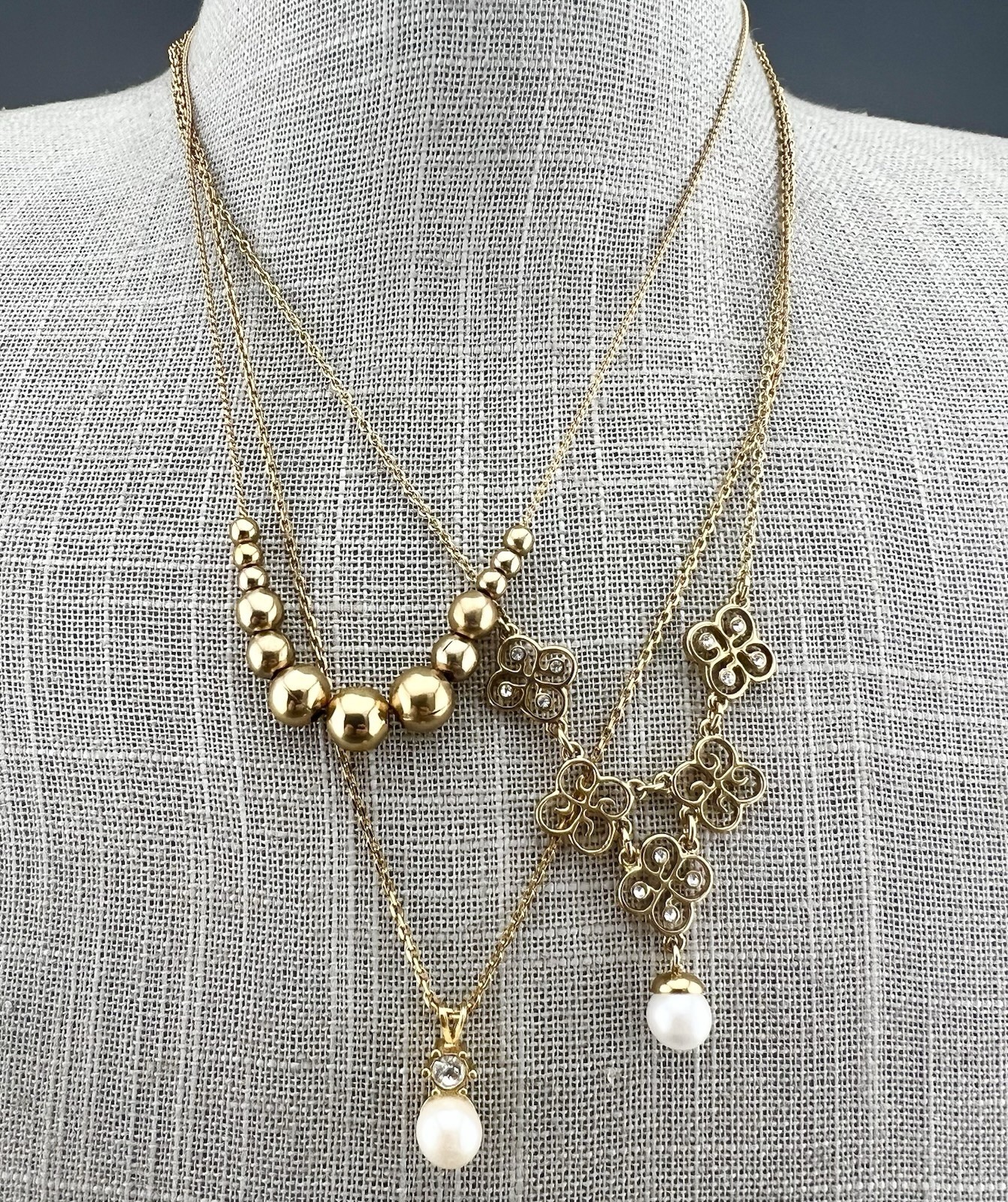 Vintage Avon Necklace Lot Gold Tone Ball Bead Slide Rhinestone Faux Pearl Signed