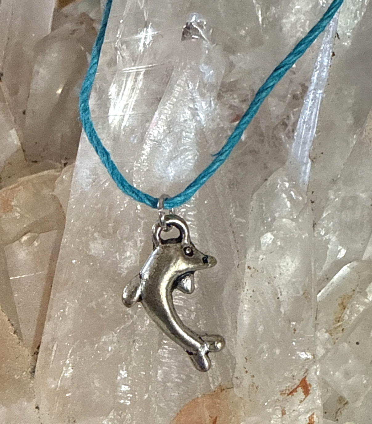 DOLPHIN CHARM Dainty Necklace Hemp Cord Boho Beach Ocean Tibetan Silver Tone