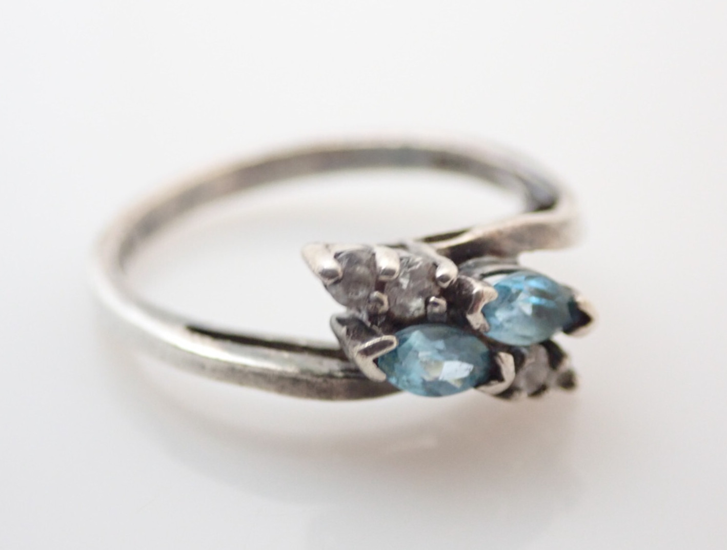 Vintage NV Signed Blue Topaz White Quartz Sterling Silver Band Ring Sz 6