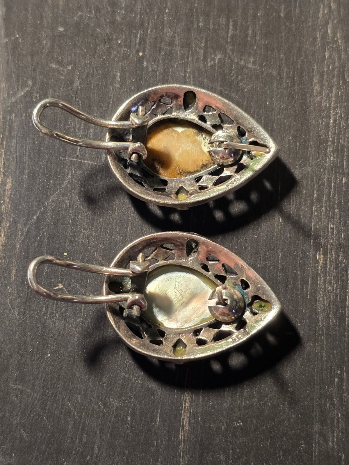 Vintage 1950’s Sterling SIlver .925 Marcasite Mother of Pearl Tear Drop Earrings