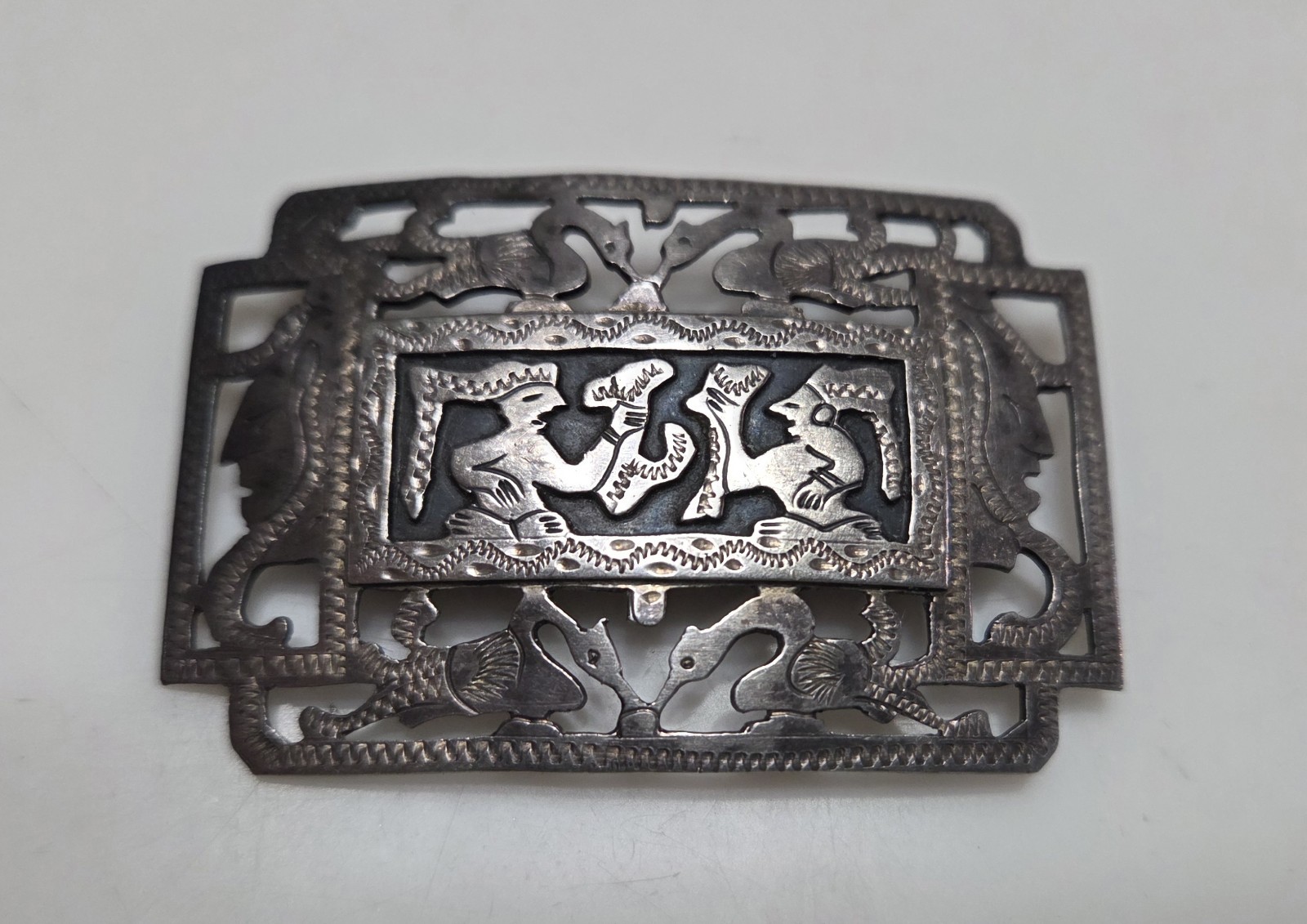 Antique 900 Silver Brooch Story Tellers Guatemala Warrior Mayan Inca 2″ Enamel