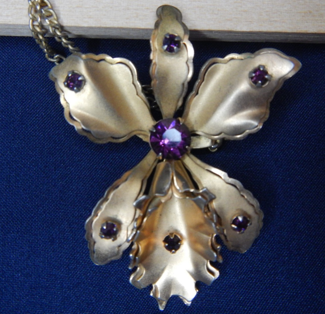 Bugbee and Niles Gold Tone and Purple Rhinestones Orchid Brooch Necklace