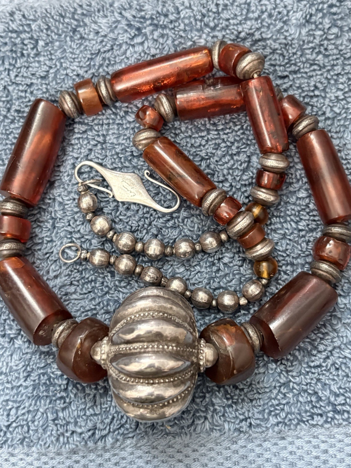vintage Statement Necklace sterling silver 925 Sign Artisan Large Amber Runway
