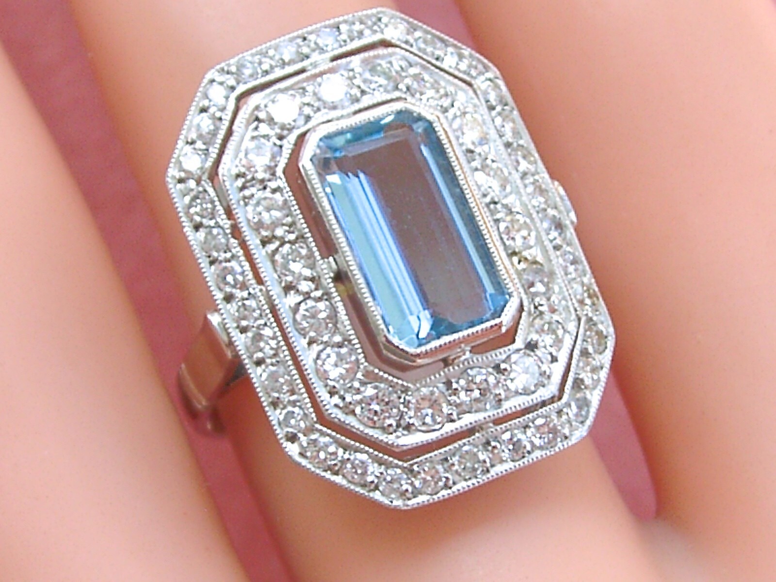 ESTATE DECO 1.55ct AQUAMARINE 1ctw OLD DIAMOND PLATINUM COCKTAIL RIGHT-HAND RING