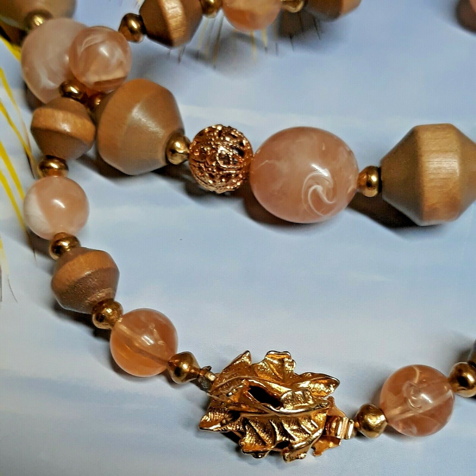 Peach and Tan Wood and Lucite Bead Necklace with Gold Tone Filigree Accent Beads
