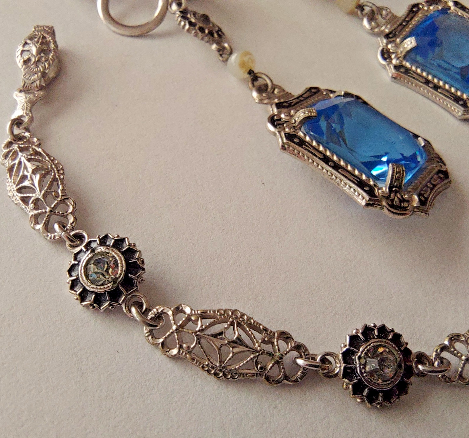 Antique Art Deco Blue Faceted Glass Ornate Filigree Bracelet & Earrings Set