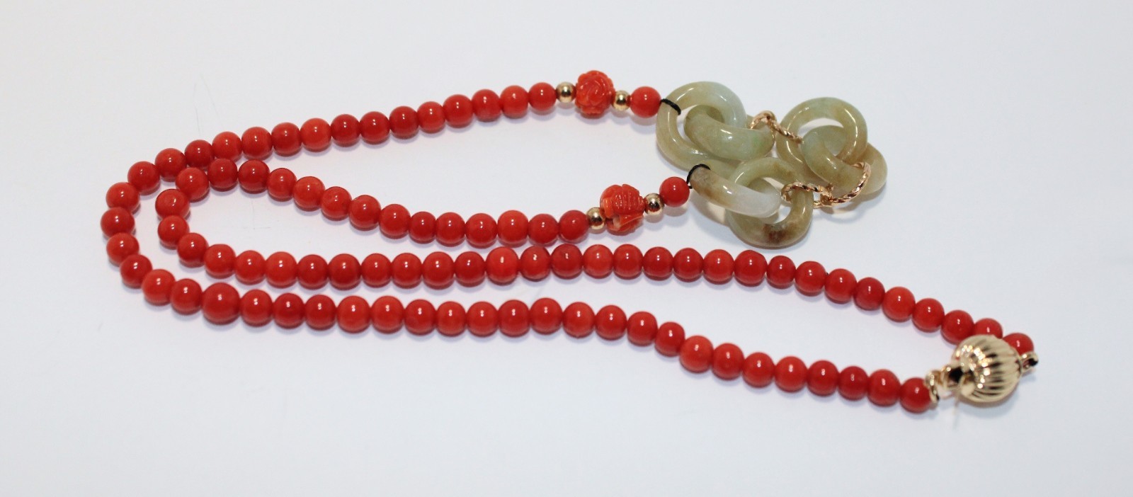 Italian Natural Red Coral Interlocking Jade Necklace