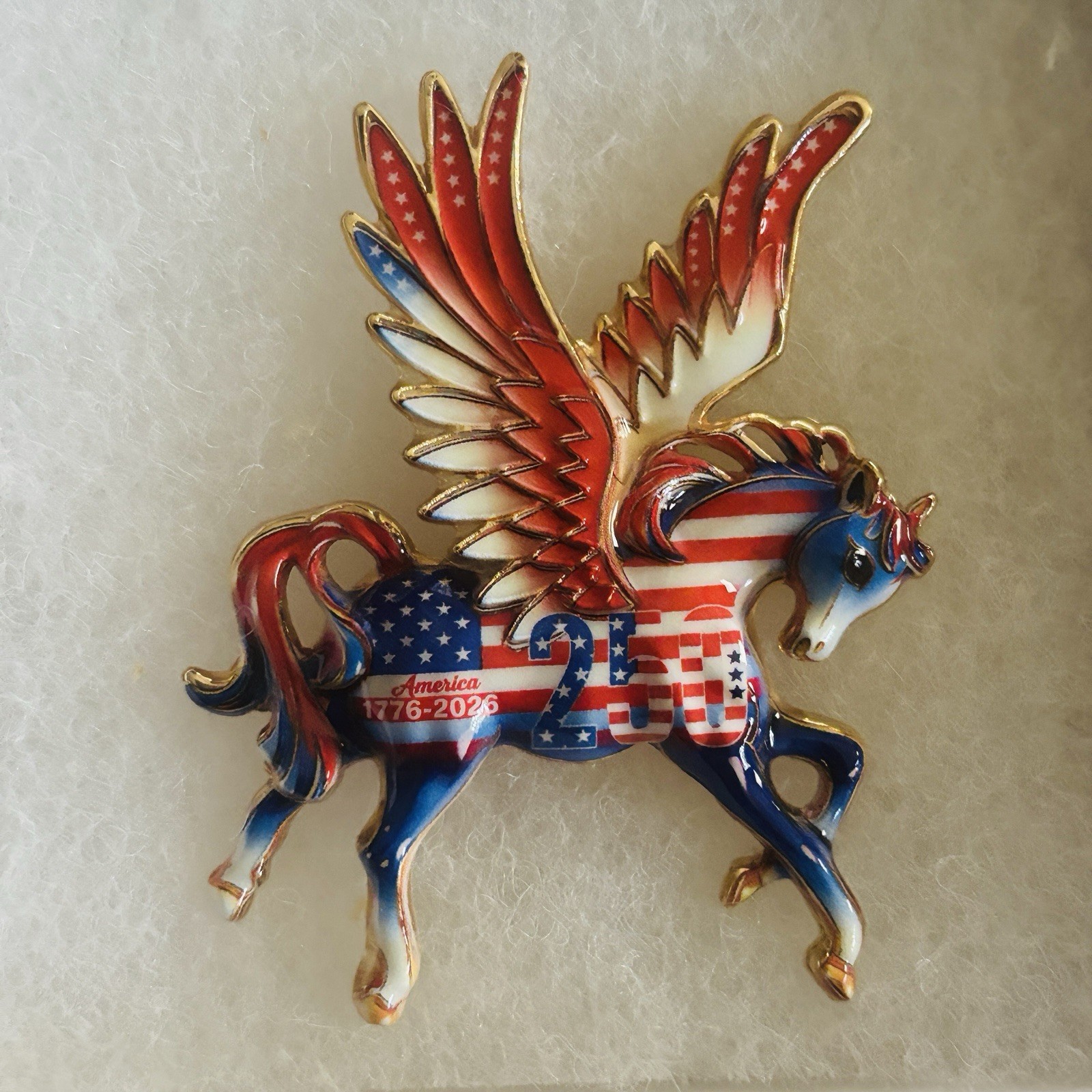 Flying Pegasus Unicorn Brooch Pin Red White Blue Floral Porcelain Style Gold NEW