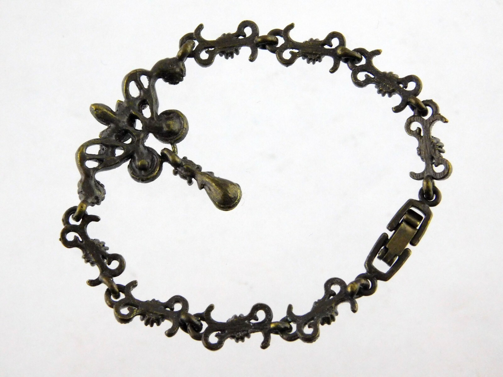 Vintage Bronze Tone and Rhinestone Bracelet Snap Clasp Floral Design Unbranded
