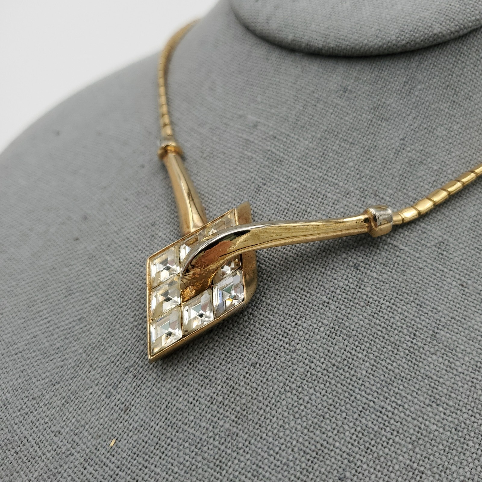 Trifari Alfred Philippe Gold Necklace Clear Rhinestone Lozenge Choker Channel