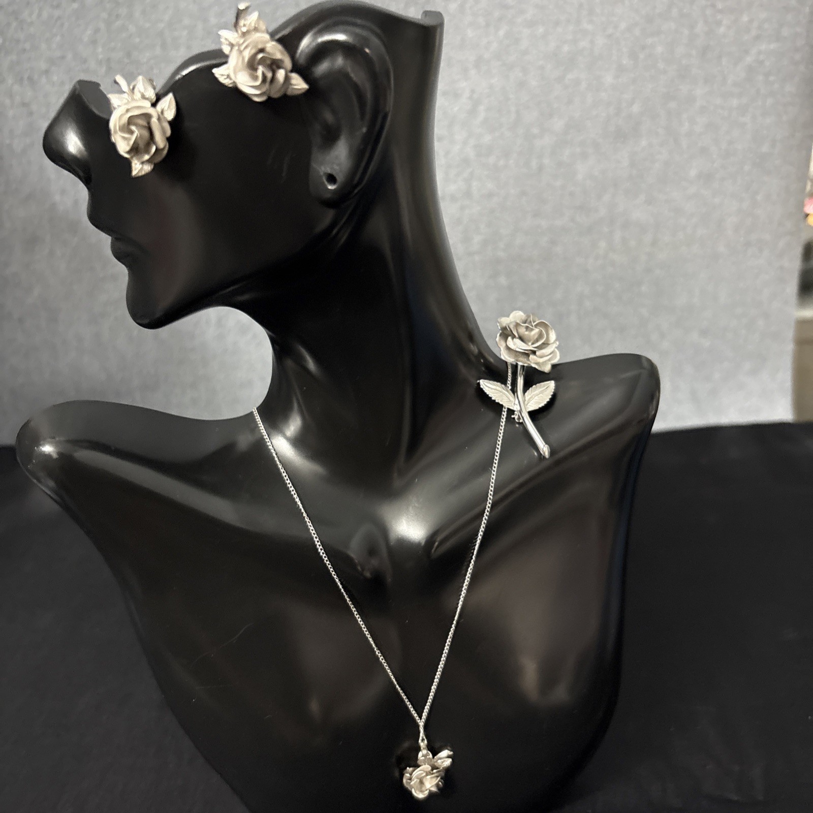 Vintage Sterling Silver AC Necklace Earring Brooch Set Flowers Dimi Parur Sign