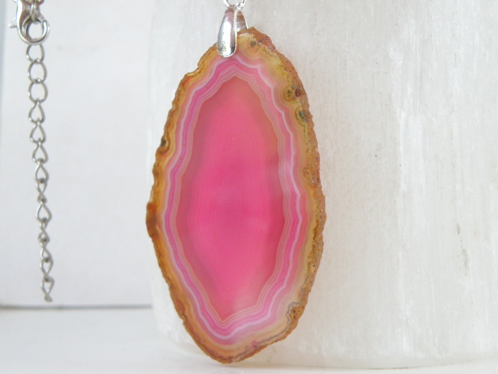 Huge Sterling Silver 925 Pink Geode Crystal Slab Vintage Pendant Necklace