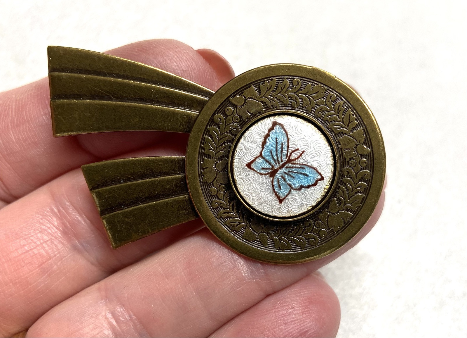 Victorian-look ANTIQUE FINISH BRASS PIN-Guilloche ENAMEL Blue Butterfly Accent