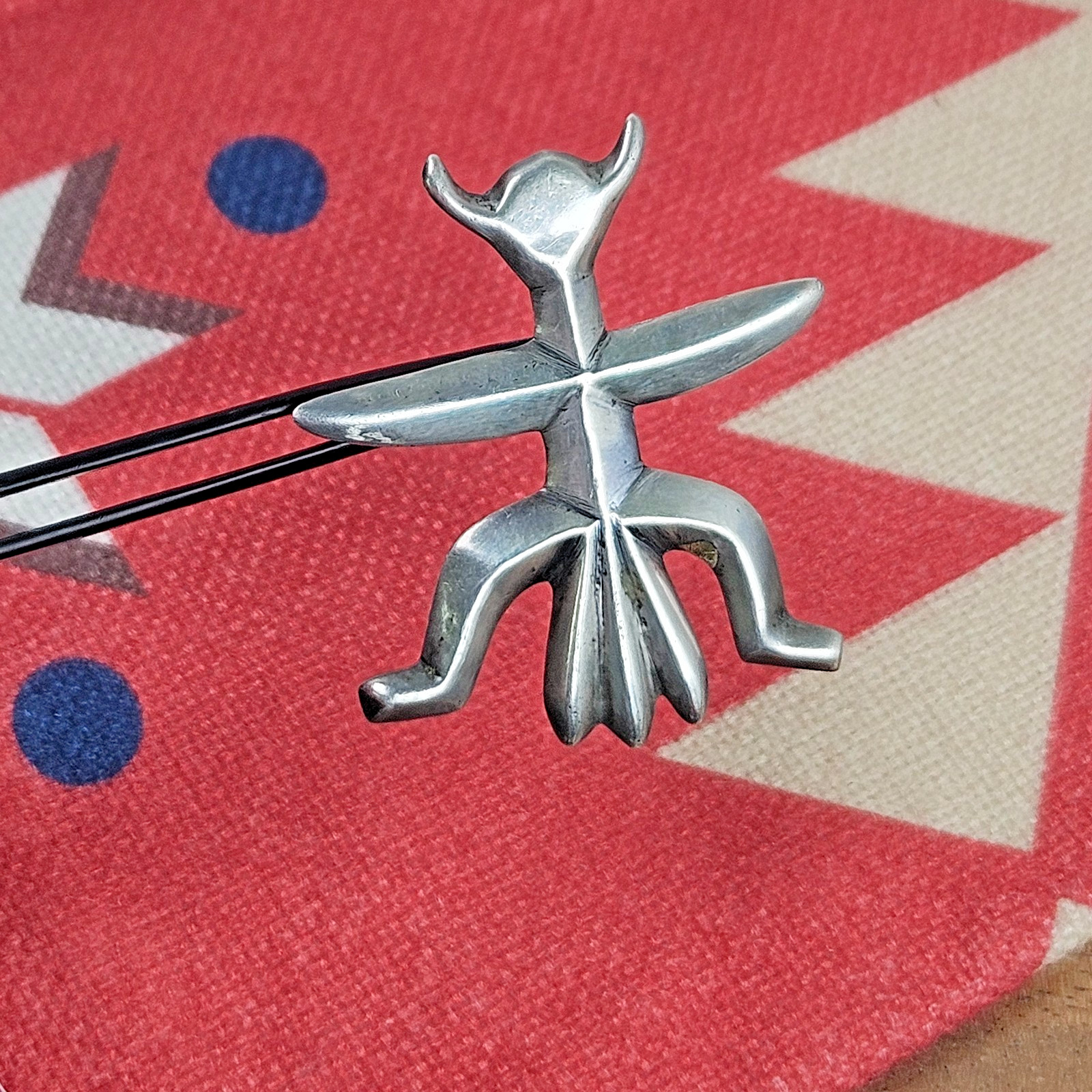 Old Pawn Navajo Cast Sterling Silver Horned Man Bird Figural Brooch Pin, c.1950s